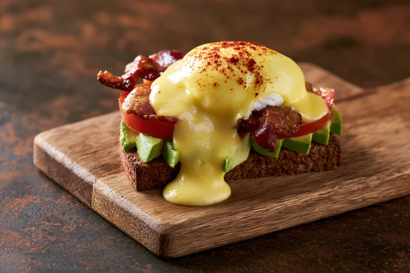 Eggs benedict open sandwich on dark rye toast layered with avocado, bacon, tomato and hollandaise sauce on wooden cutting board