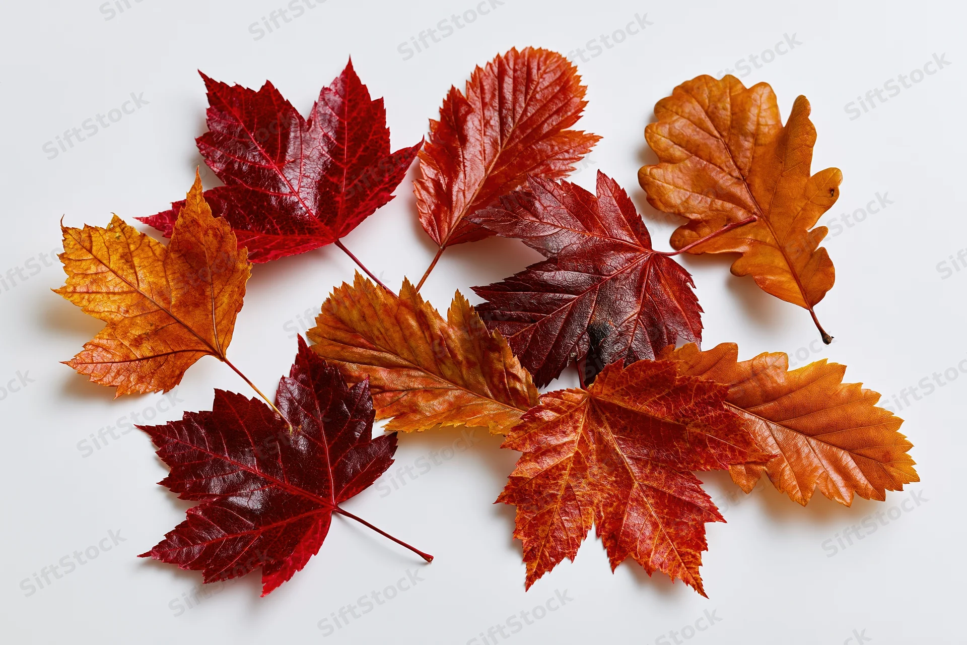 Autumn leaves of various species arranged loosely on a white background