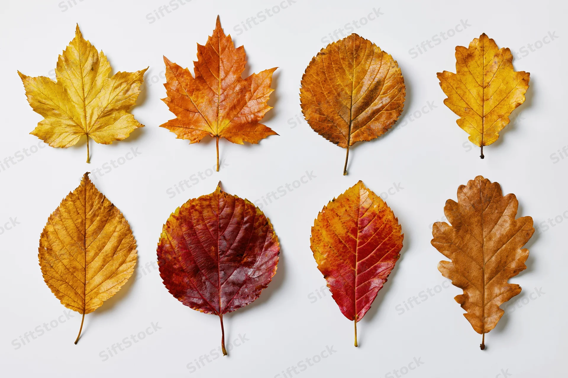 Eight autumn leaves arranged in two rows on a white background