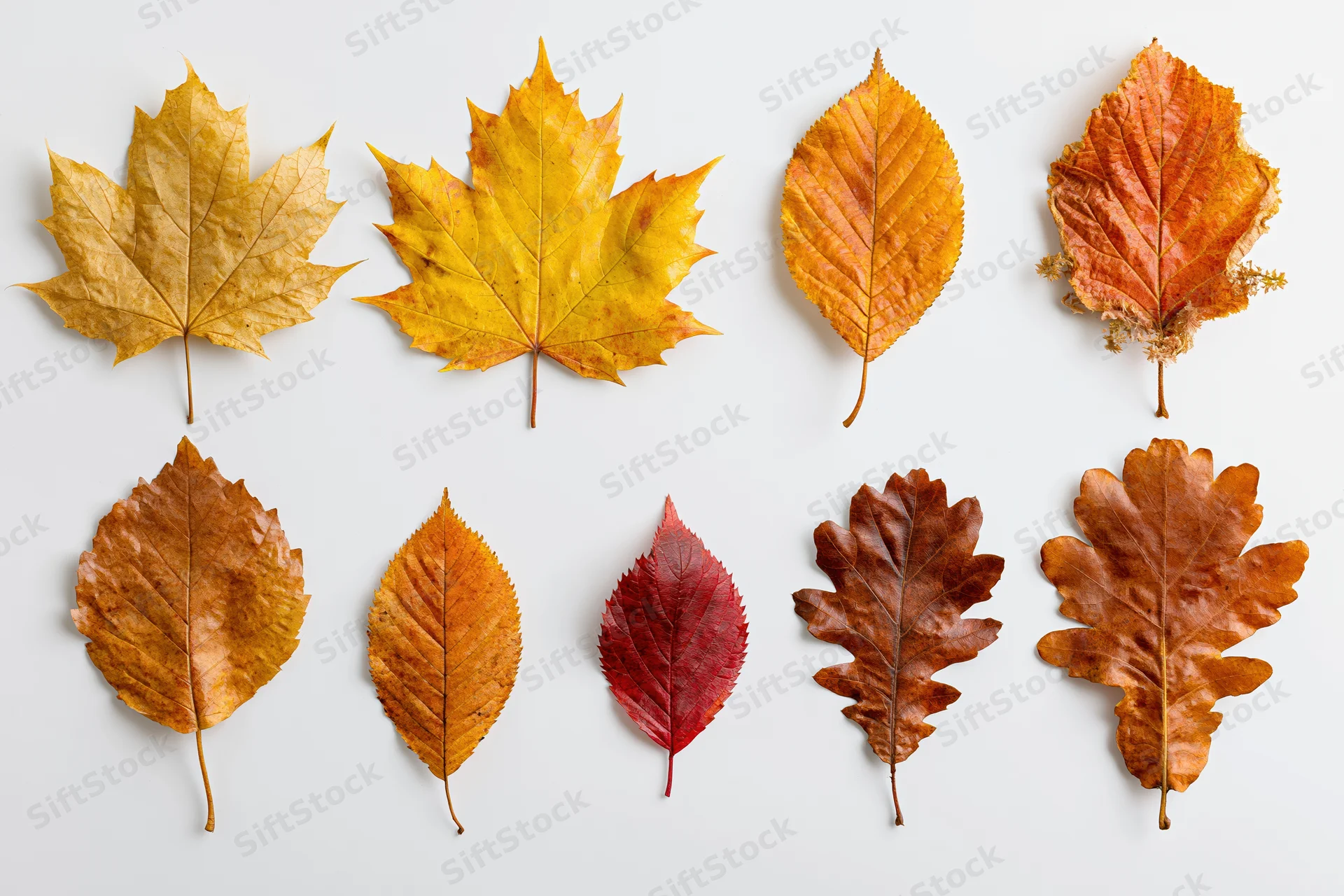 Eight autumn leaves arranged in two rows on a white background