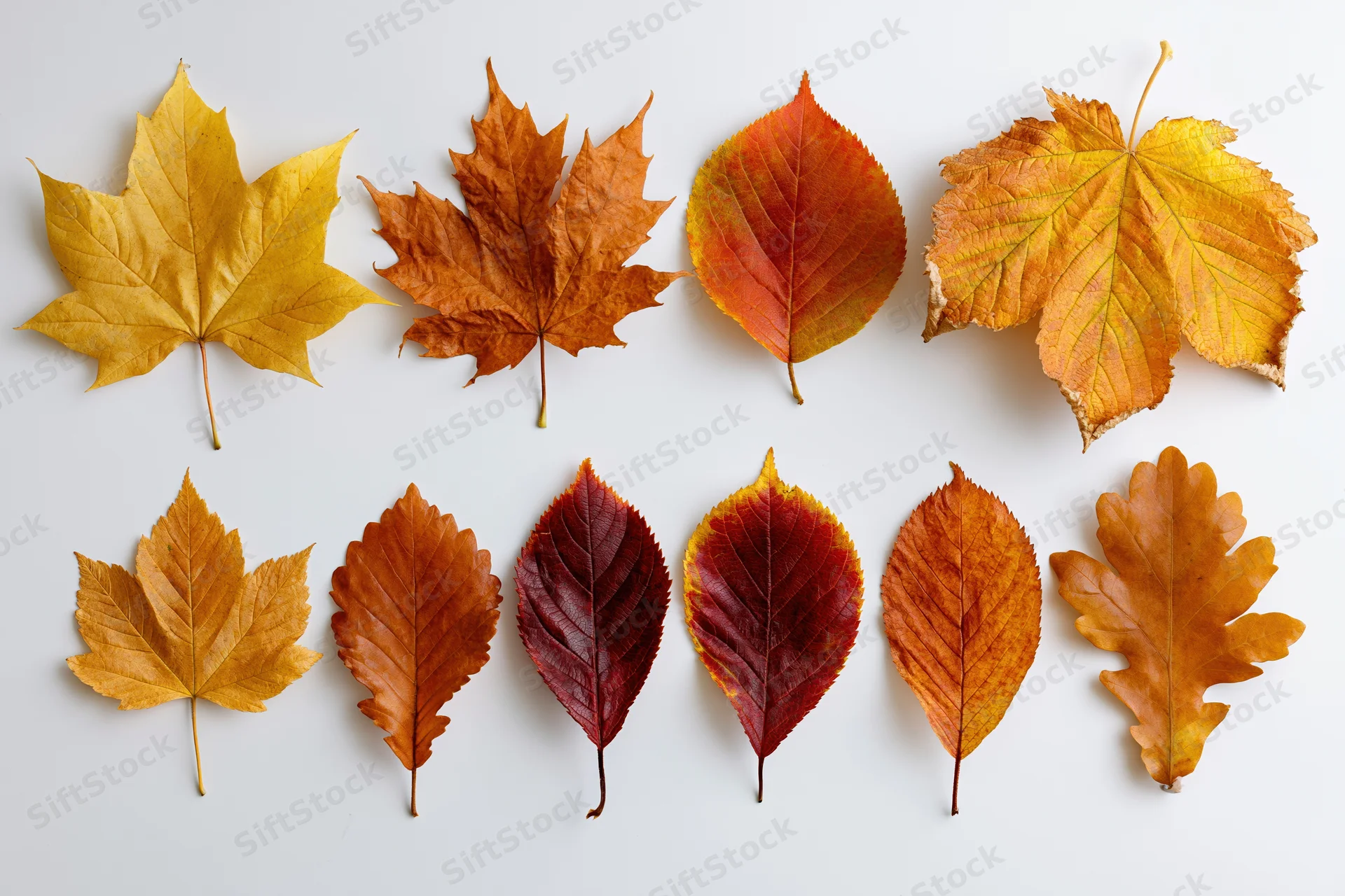 Eight autumn leaves arranged in two rows on white background