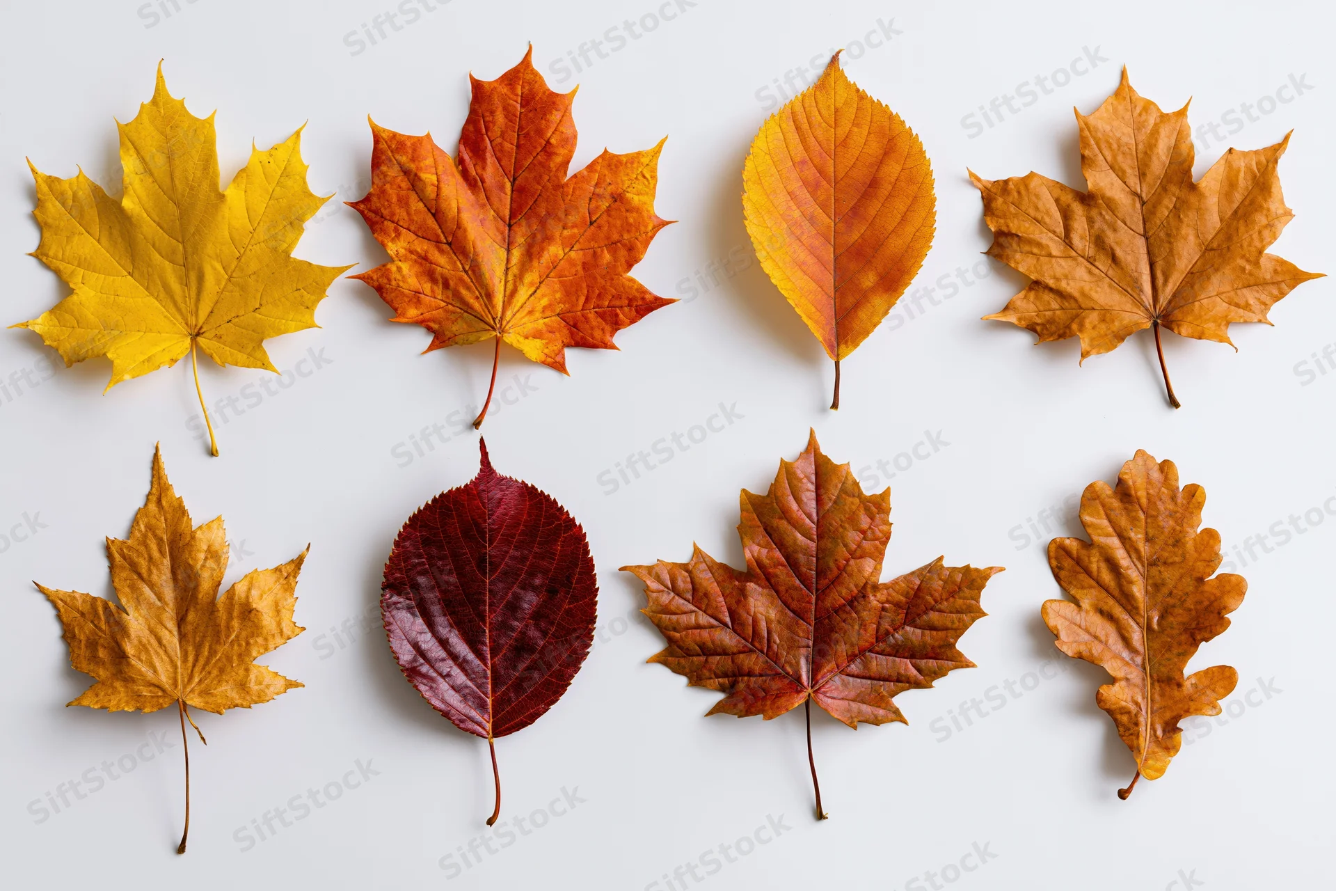 Eight autumn leaves arranged in two rows on a white background