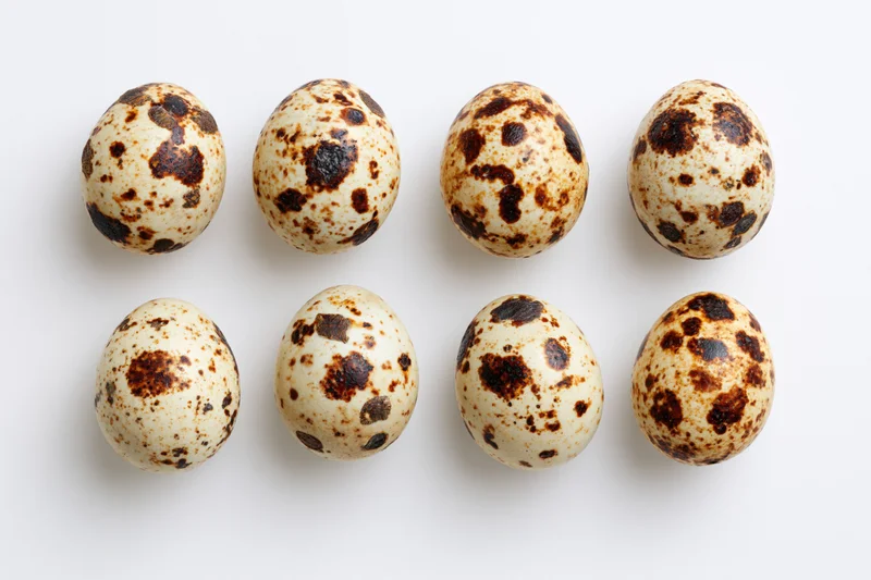 Eight quail eggs arranged in two rows on a white surface