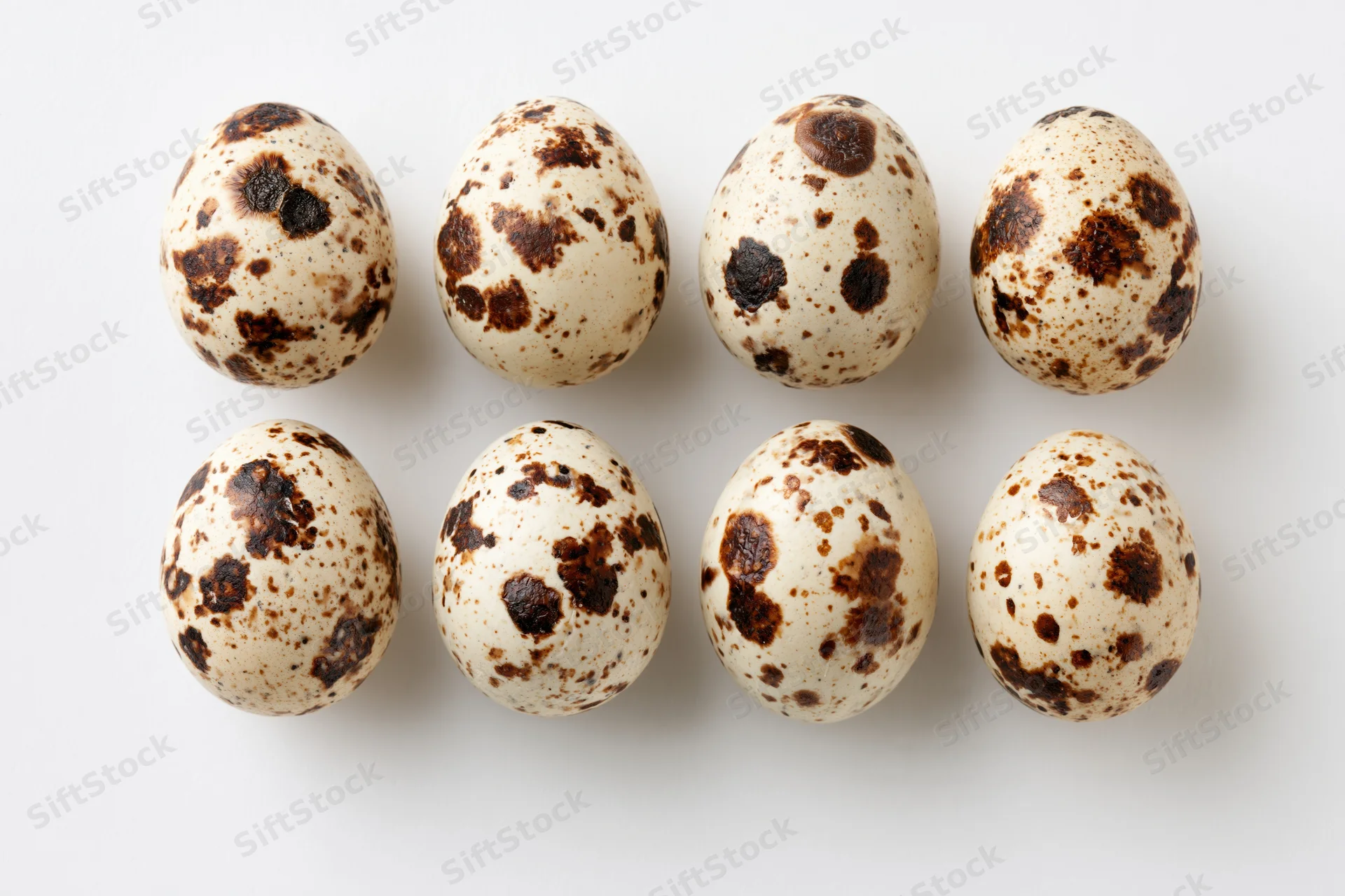 Eight quail eggs arranged in two rows on a white surface