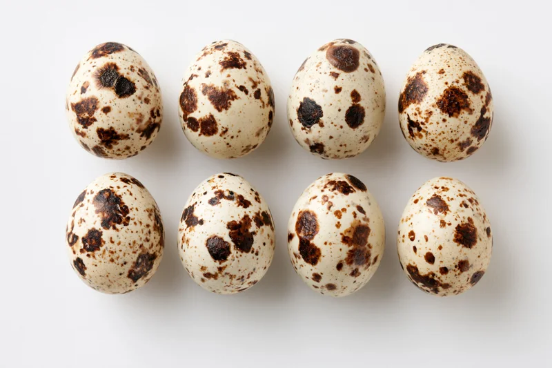 Eight quail eggs arranged in two rows on a white surface