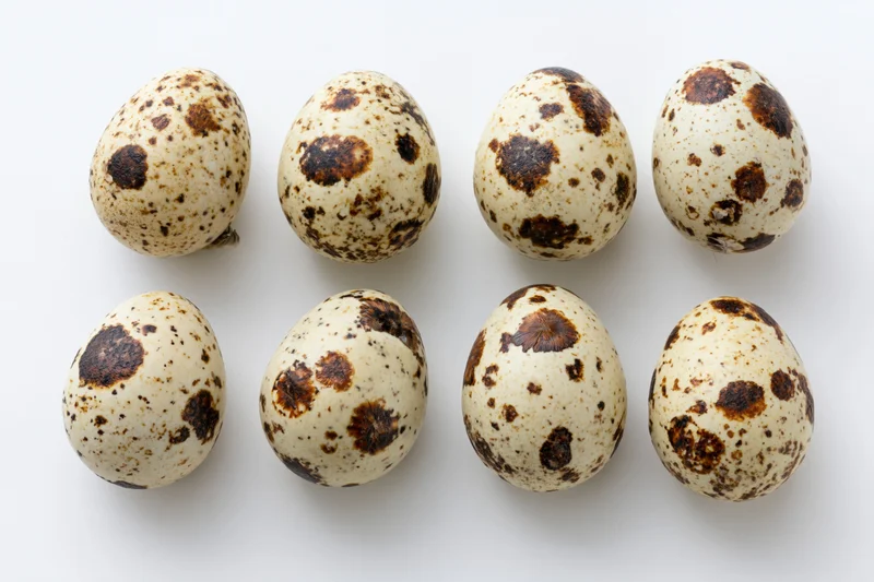 Eight quail eggs arranged in two rows on a white background
