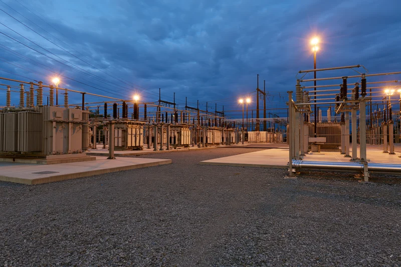 Rows of high-voltage transformers and switchgear in an electrical substation at dusk