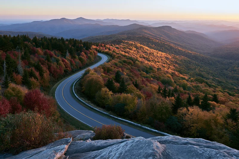 Winding two-lane road through autumn forest on mountain ridge at sunset