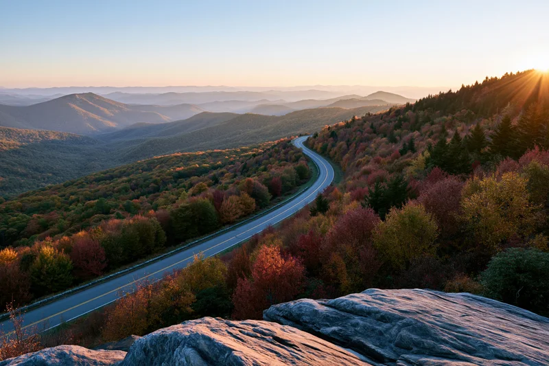 Winding two-lane highway through autumn forested mountains at sunset from elevated overlook