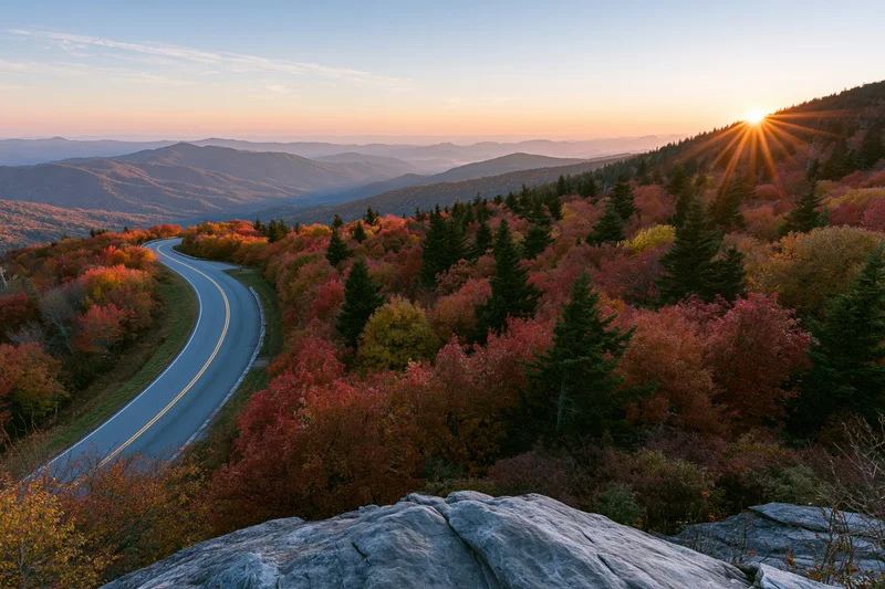 Winding two-lane mountain highway through autumn forest at sunset from elevated viewpoint