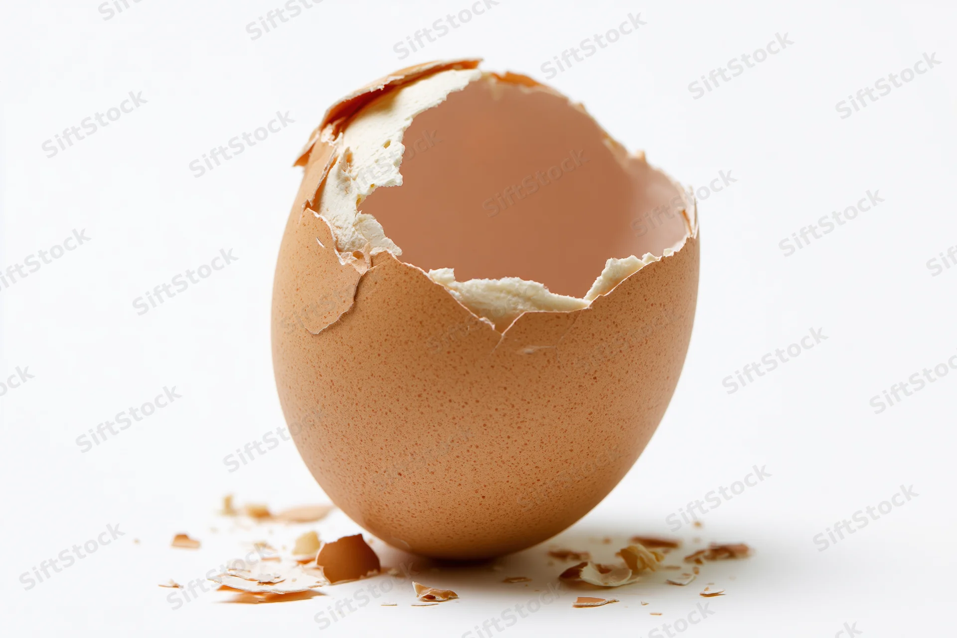 Empty cracked brown eggshell standing upright on white surface with shell fragments scattered around