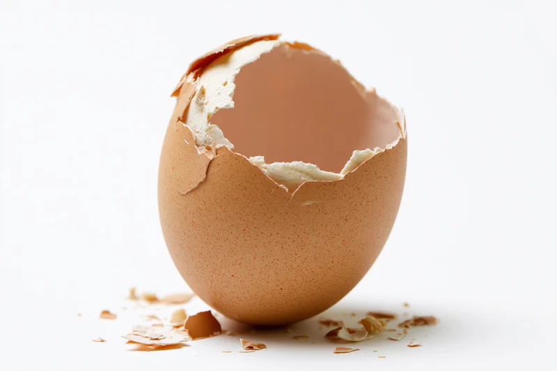 Empty cracked brown eggshell standing upright on white surface with shell fragments scattered around