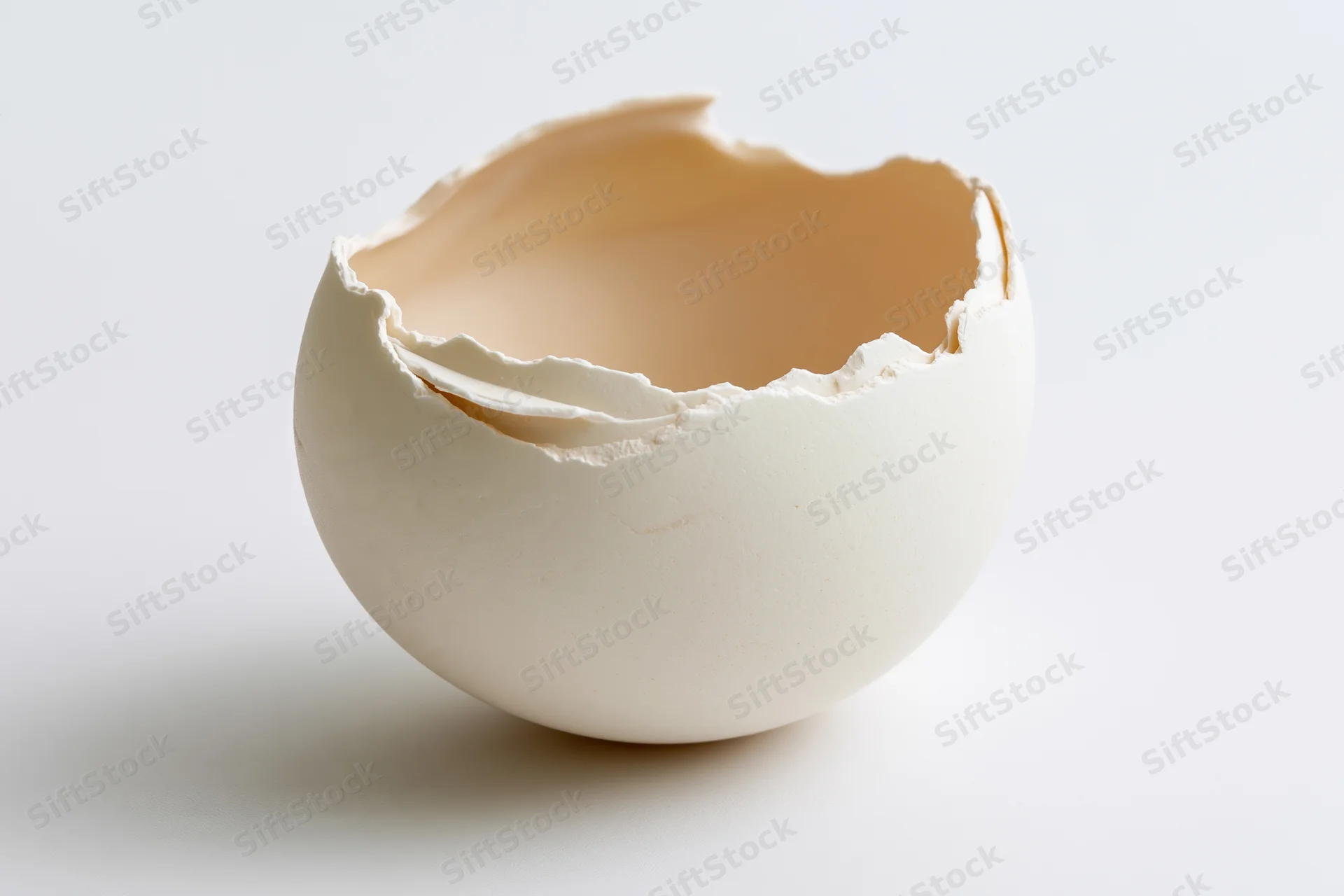 Cracked white eggshell with top broken open, hollow and empty, isolated on white background