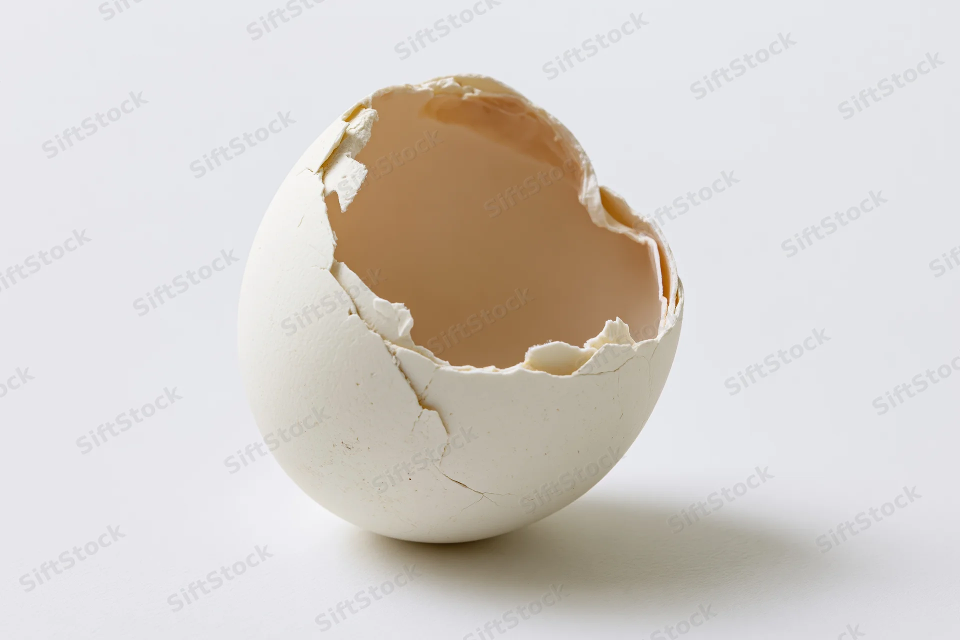 Cracked white eggshell with top broken open, hollow interior on plain white surface