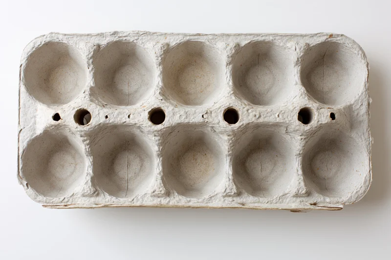 Empty twelve-cup recycled cardboard egg carton lying open on white surface