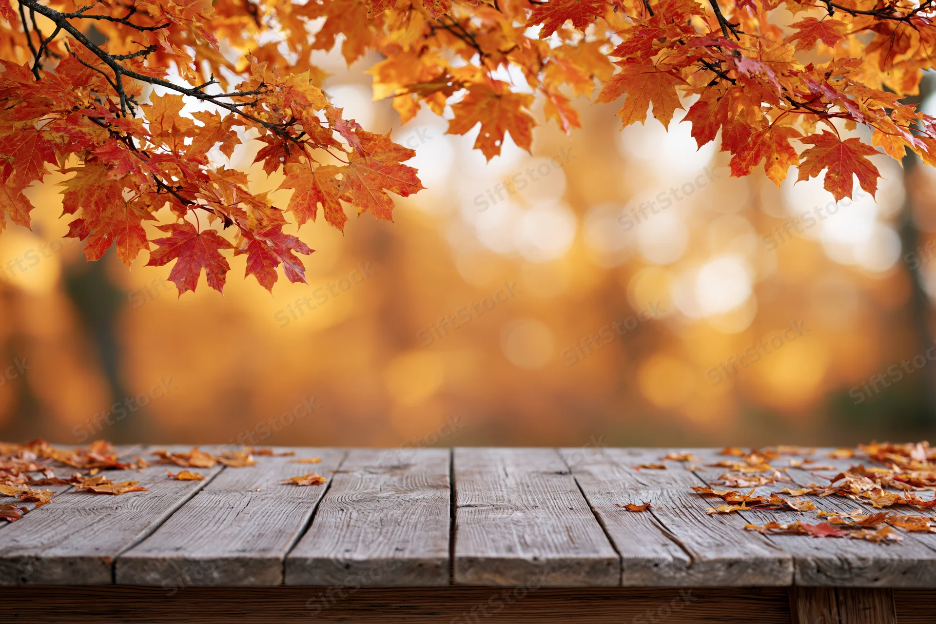 Weathered wooden plank surface framed by autumn maple leaves with bokeh background and copyspace