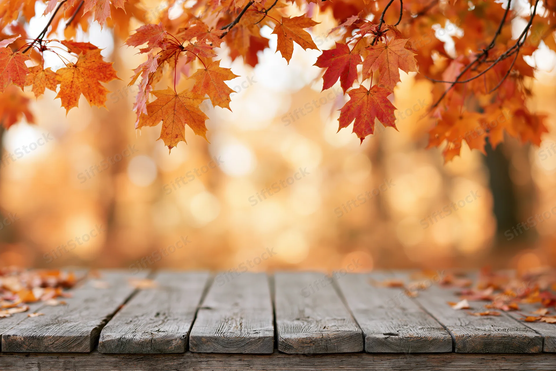 Weathered wooden plank surface framed by autumn maple leaves in a forest setting