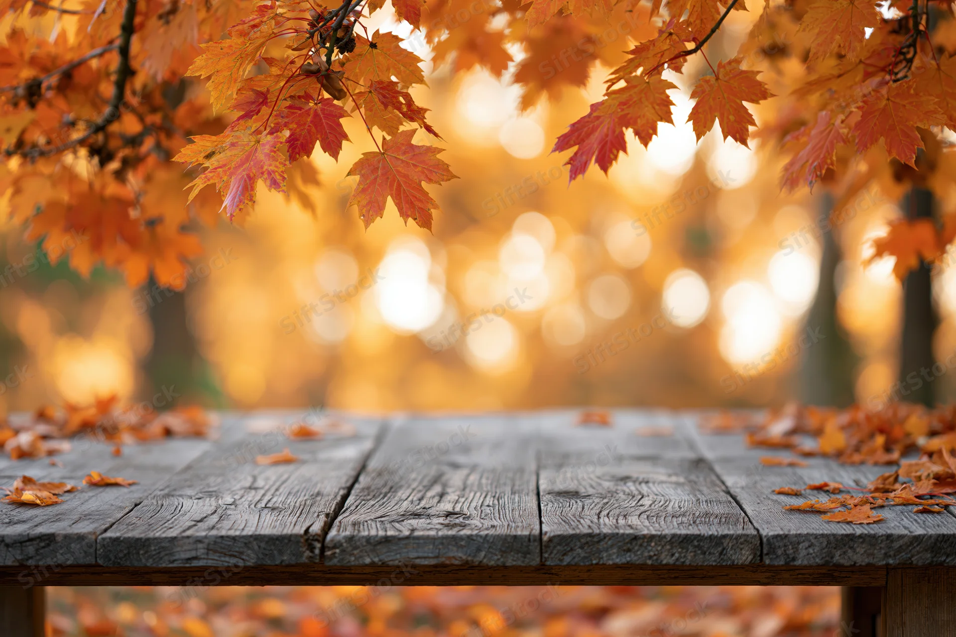 Weathered wooden plank surface in foreground framed by autumn maple leaves with bokeh background