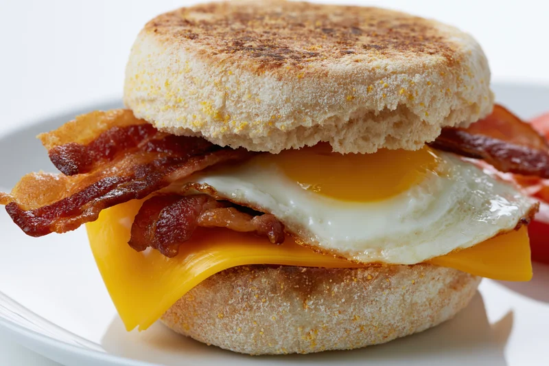 English muffin breakfast sandwich with fried egg and crispy bacon on a white plate