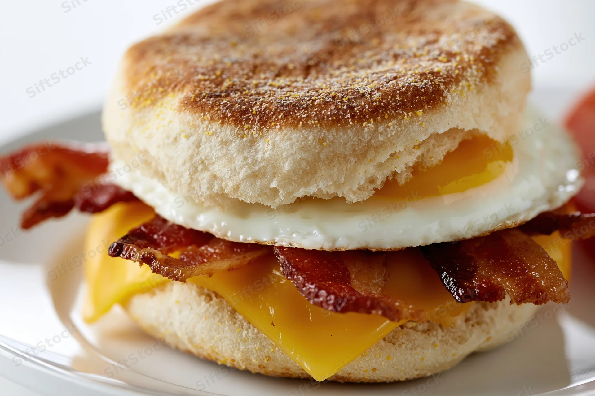English muffin breakfast sandwich with fried egg and crispy bacon layered on a white plate