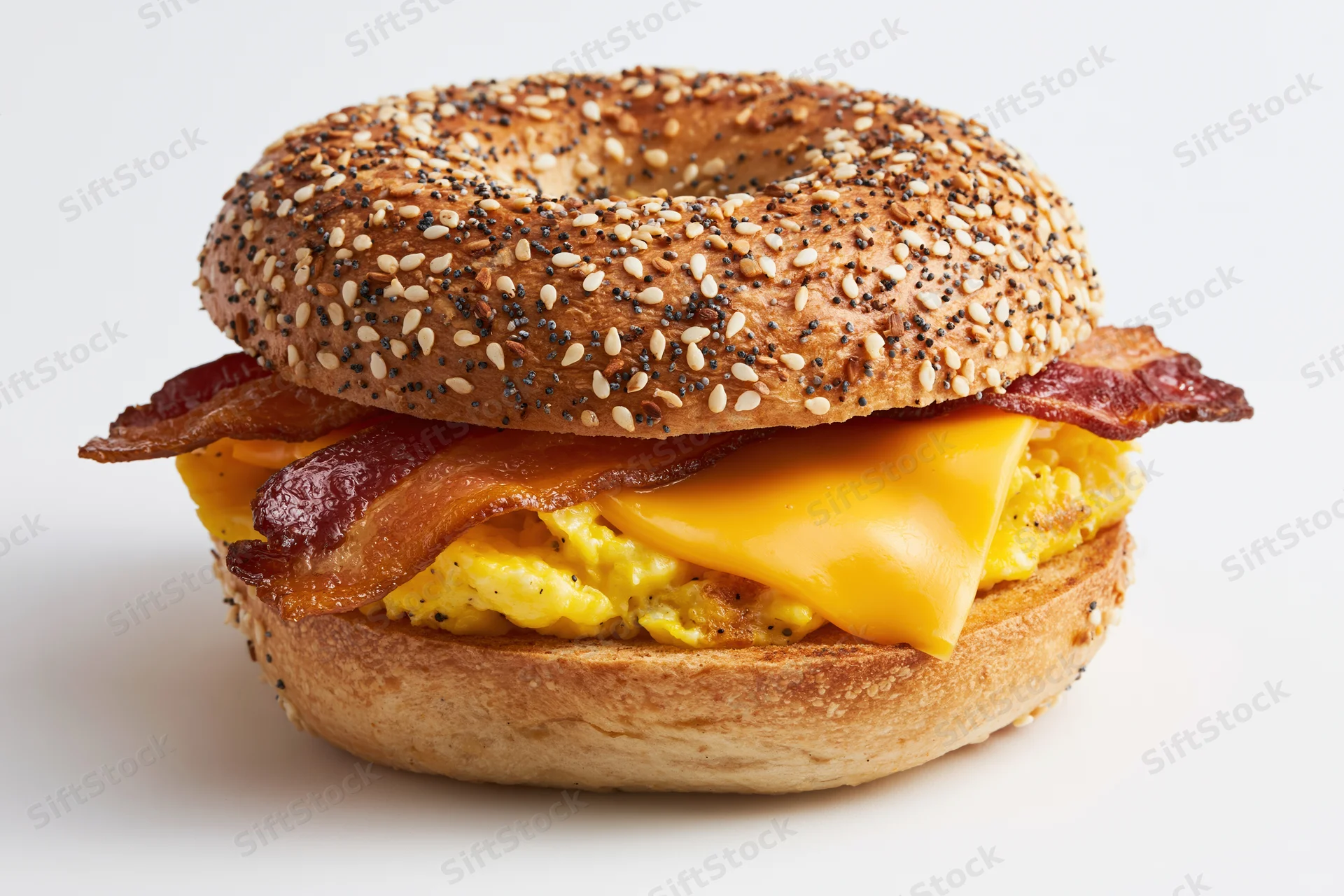 Everything bagel breakfast sandwich with scrambled eggs, bacon, and melted cheese on white background