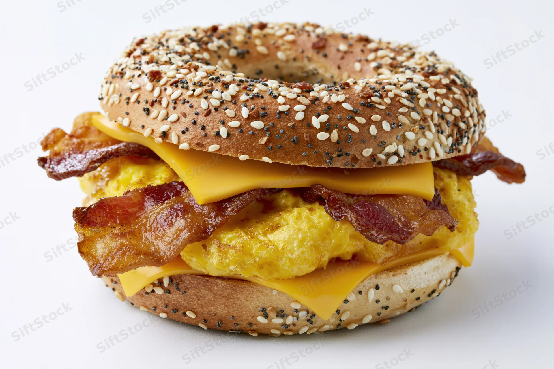 Everything bagel breakfast sandwich with scrambled egg, bacon, and melted cheese layered between sesame and poppy seed tops on white background