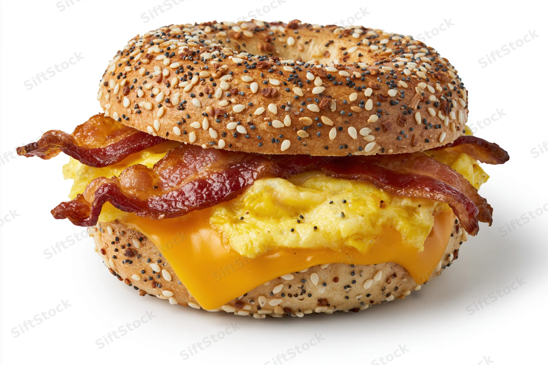 Everything bagel breakfast sandwich with scrambled eggs, bacon, and melted cheese on white background
