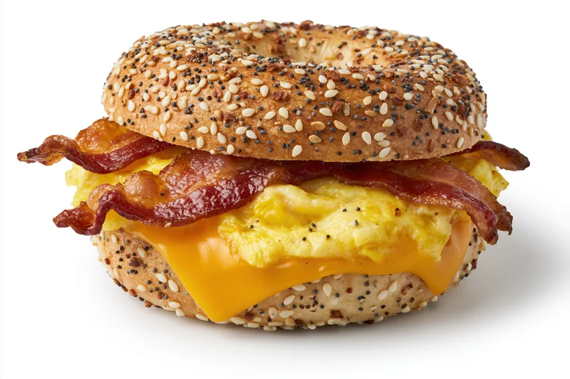 Everything bagel breakfast sandwich with scrambled eggs, bacon, and melted cheese on white background