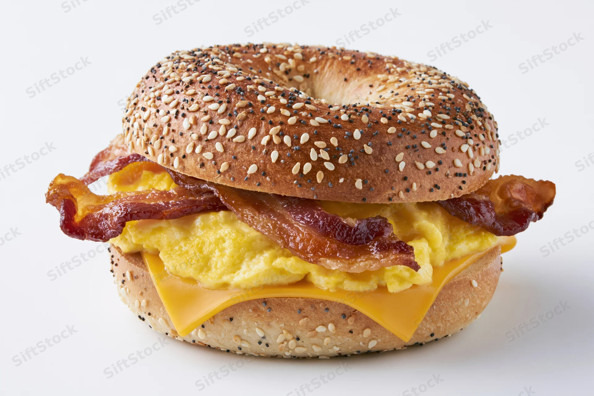 Everything bagel breakfast sandwich with scrambled eggs, bacon, and melted cheese on white background