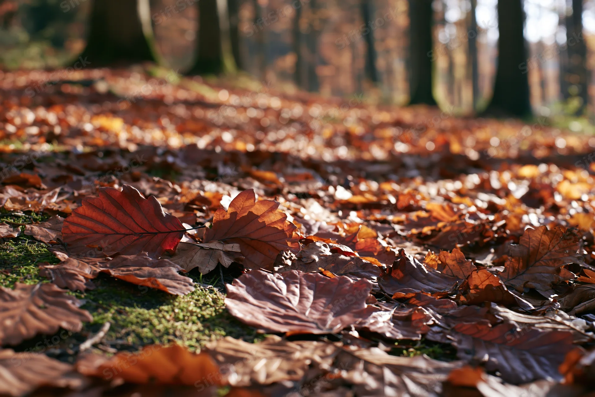 Fallen autumn leaves carpeting forest floor in low-angle view