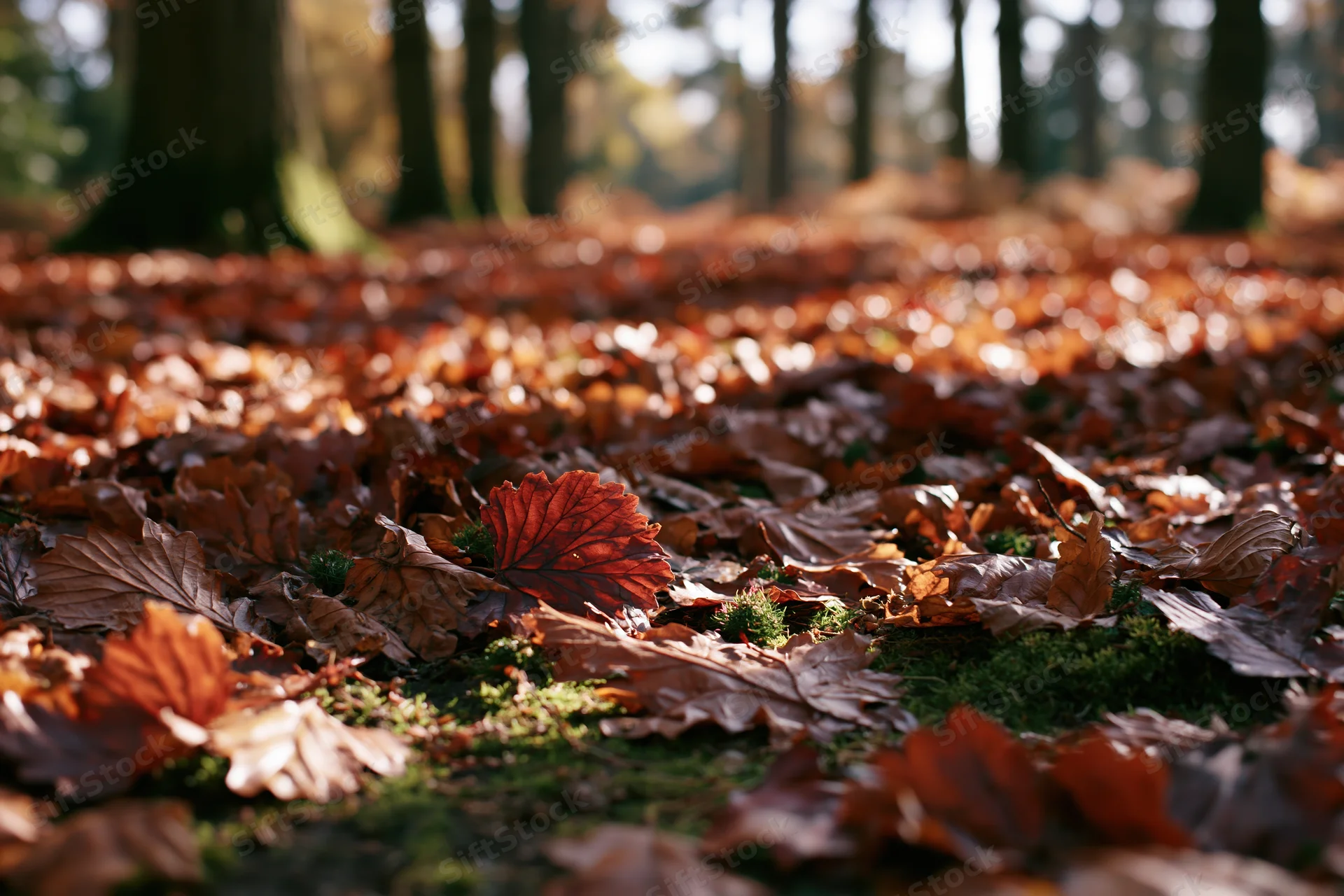 Fallen autumn leaves carpeting forest floor in low-angle view with moss and sunlight filtering through trees