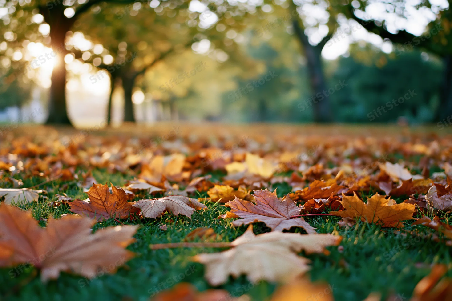 Fallen maple leaves covering grass in a park at low ground level during golden hour