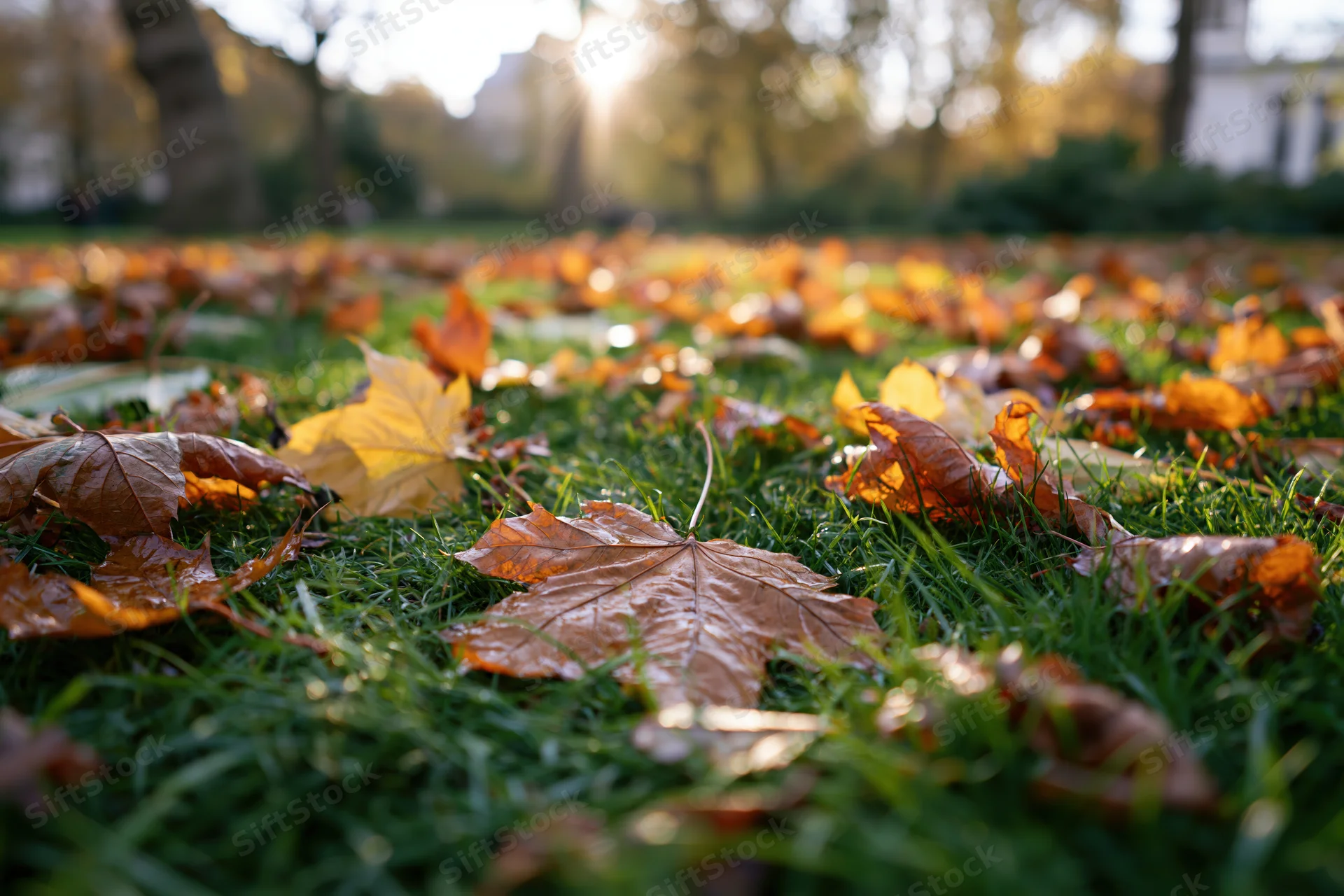 Fallen autumn leaves scattered across short green grass in a park at low angle with sunlight filtering through trees