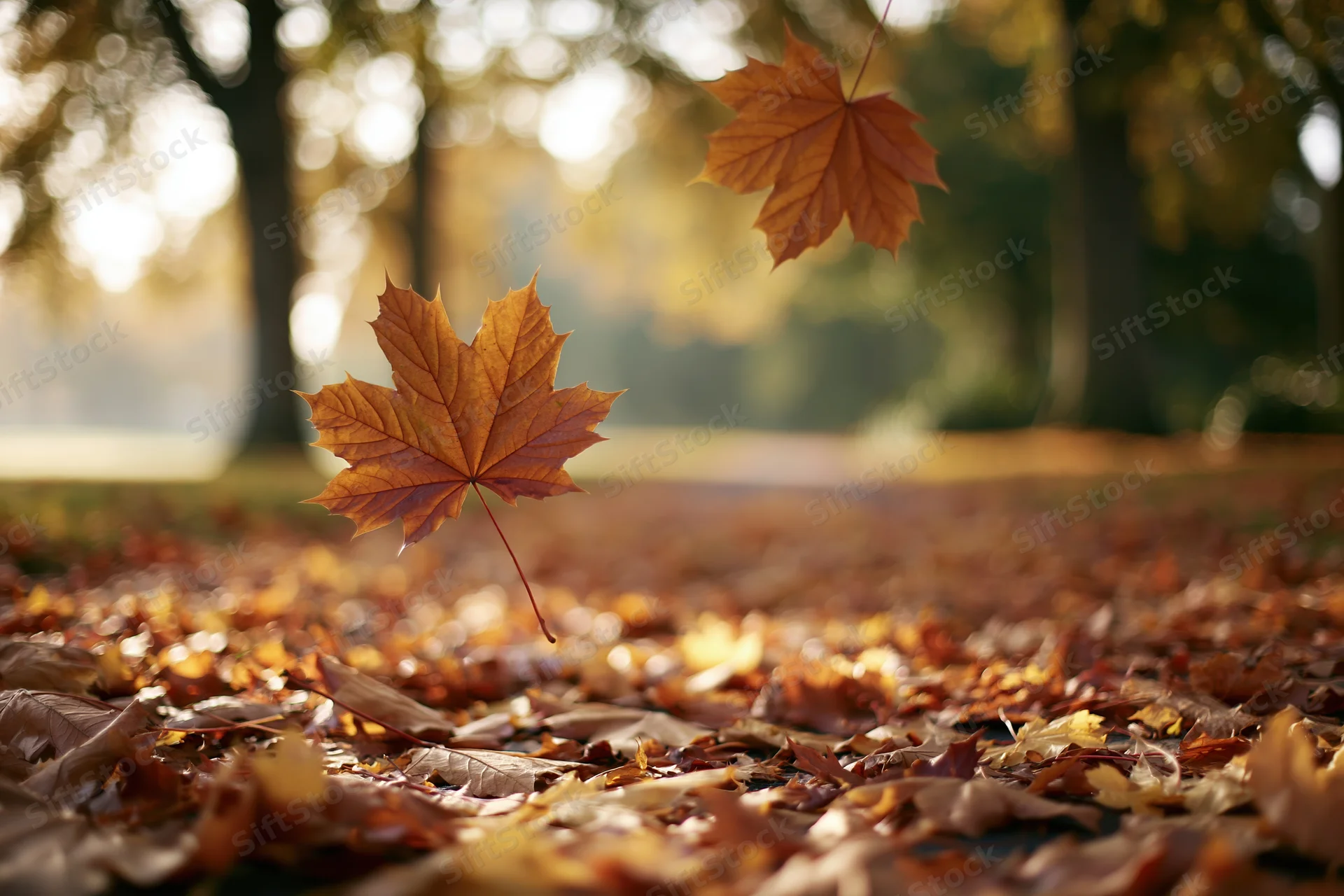 Falling maple leaves drifting over a park path covered in autumn foliage
