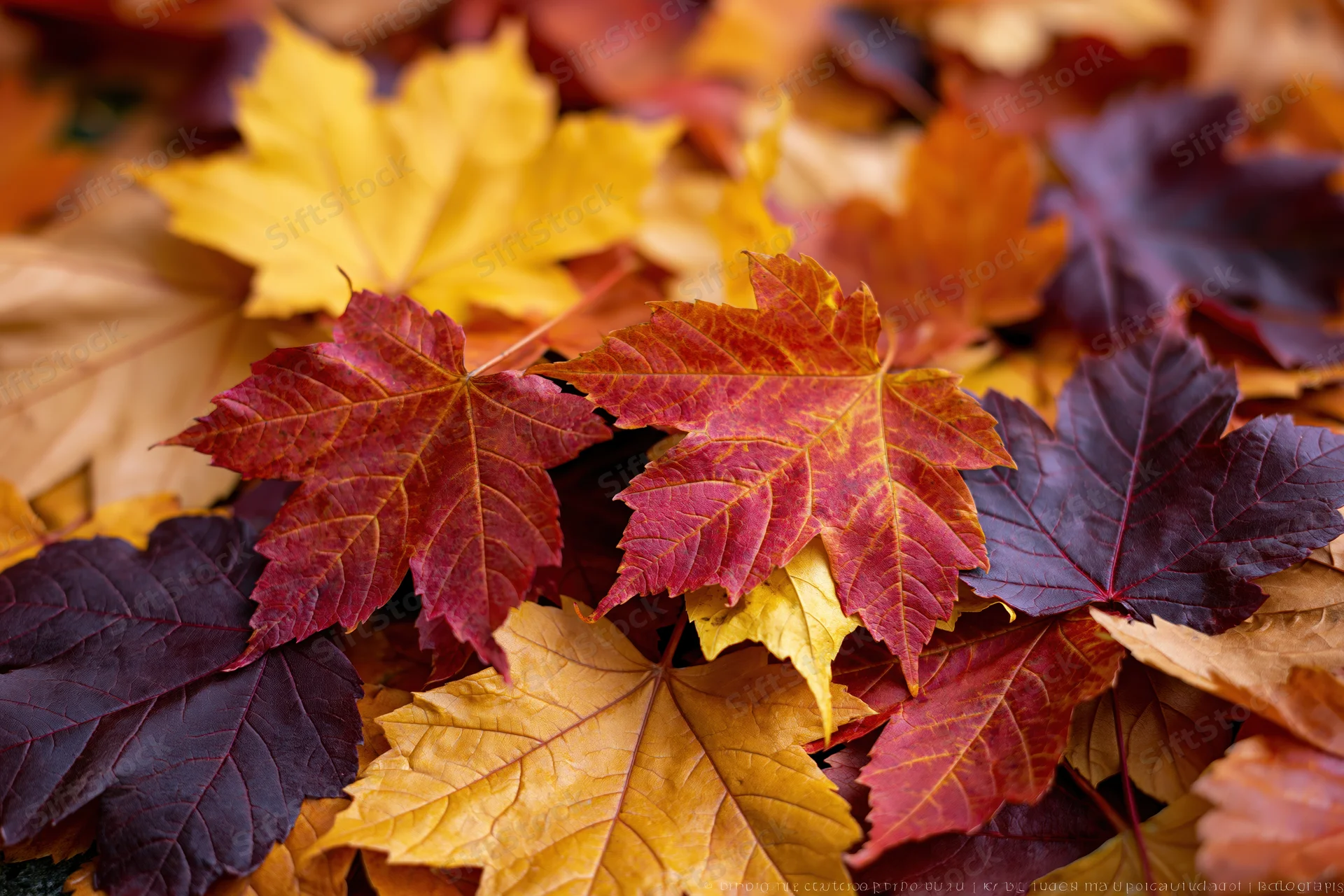 Fallen maple leaves layered on ground in close-up flat-lay view