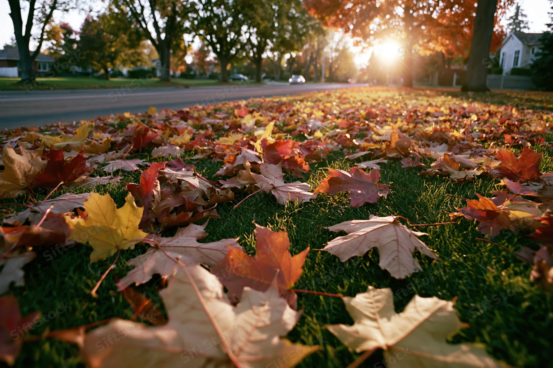 Fallen maple leaves scattered densely across green grass in suburban yard at golden hour