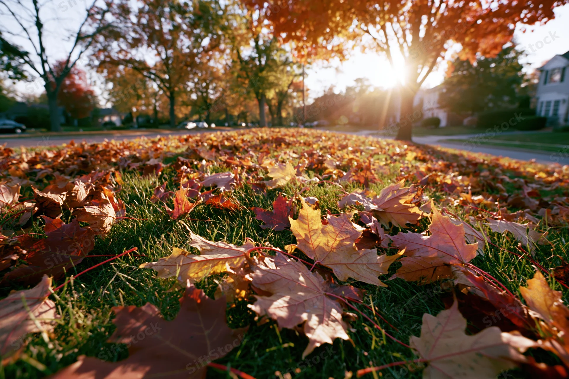 Fallen maple leaves scattered across green grass in a suburban yard during autumn sunrise