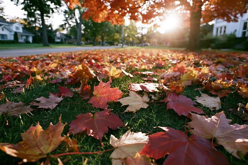 Fallen maple leaves scattered densely across green grass in a suburban backyard during autumn sunlight