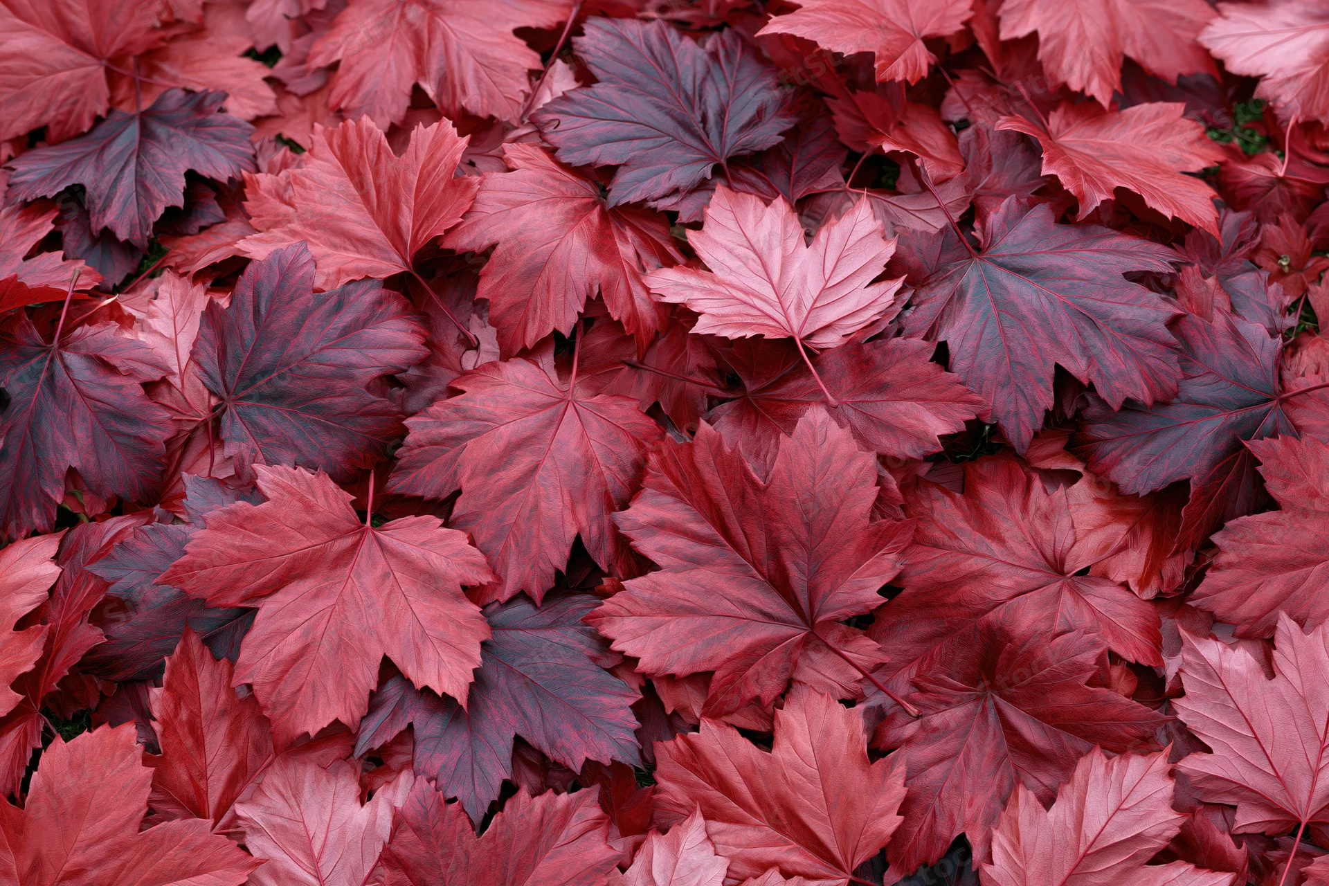 Red maple leaves covering the ground in a dense layer