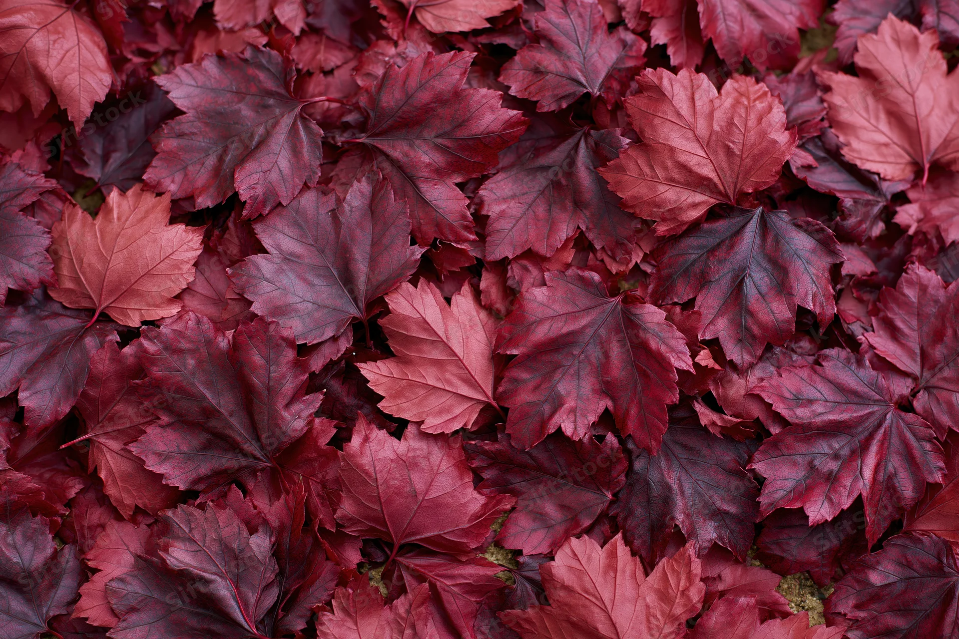 Red maple leaves covering the ground in a dense layer