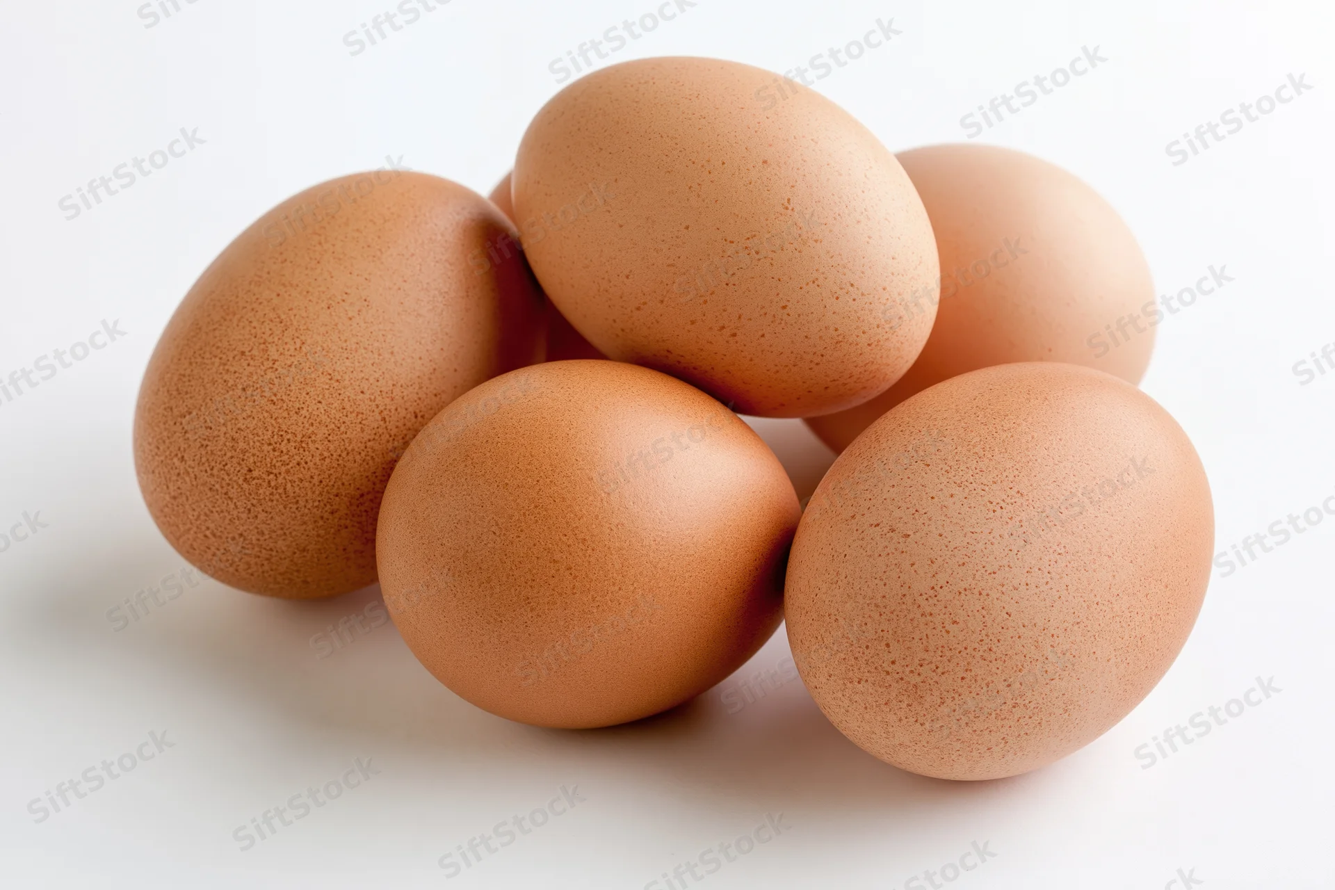 Five brown chicken eggs grouped together in a loose cluster on a white surface