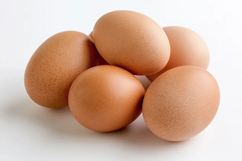 Five brown chicken eggs grouped together in a loose cluster on a white surface
