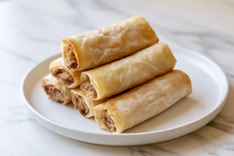 Five lightly fried spring rolls stacked on a white plate on a marble surface
