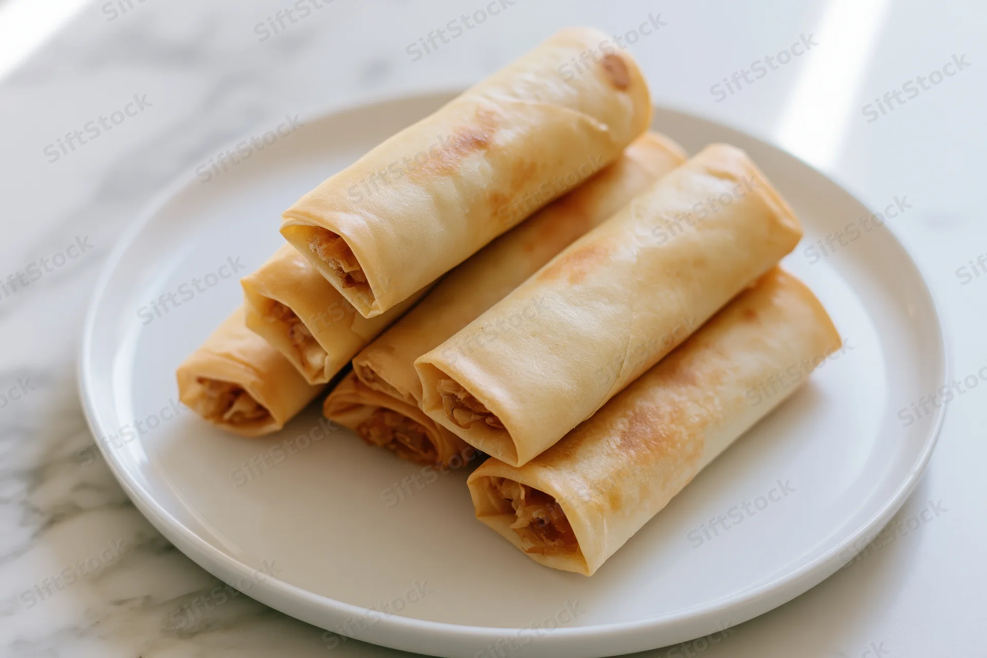 Five lightly fried spring rolls stacked on a white plate on a marble surface