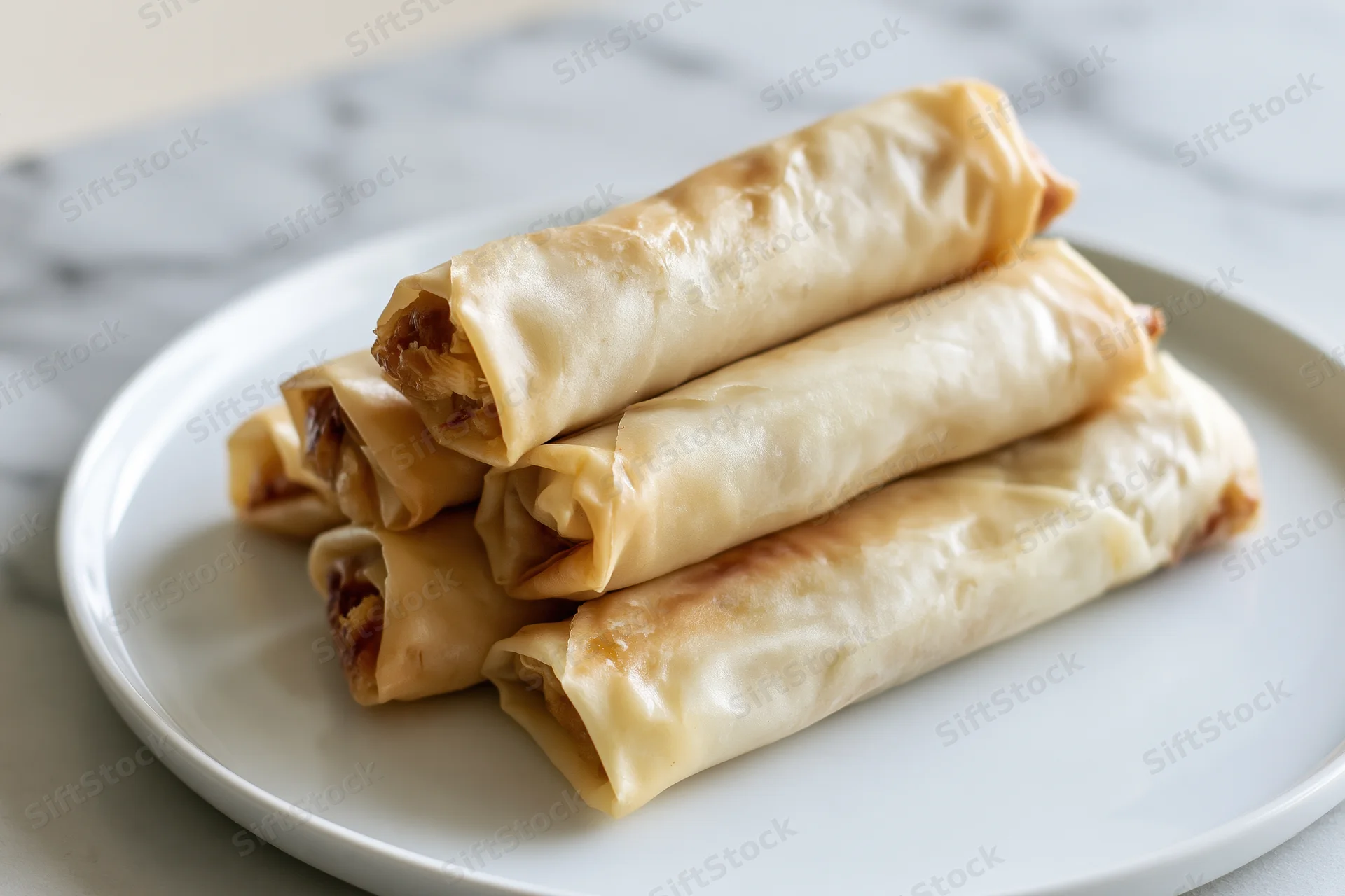 Five lightly fried spring rolls stacked on a white round plate on a marble surface