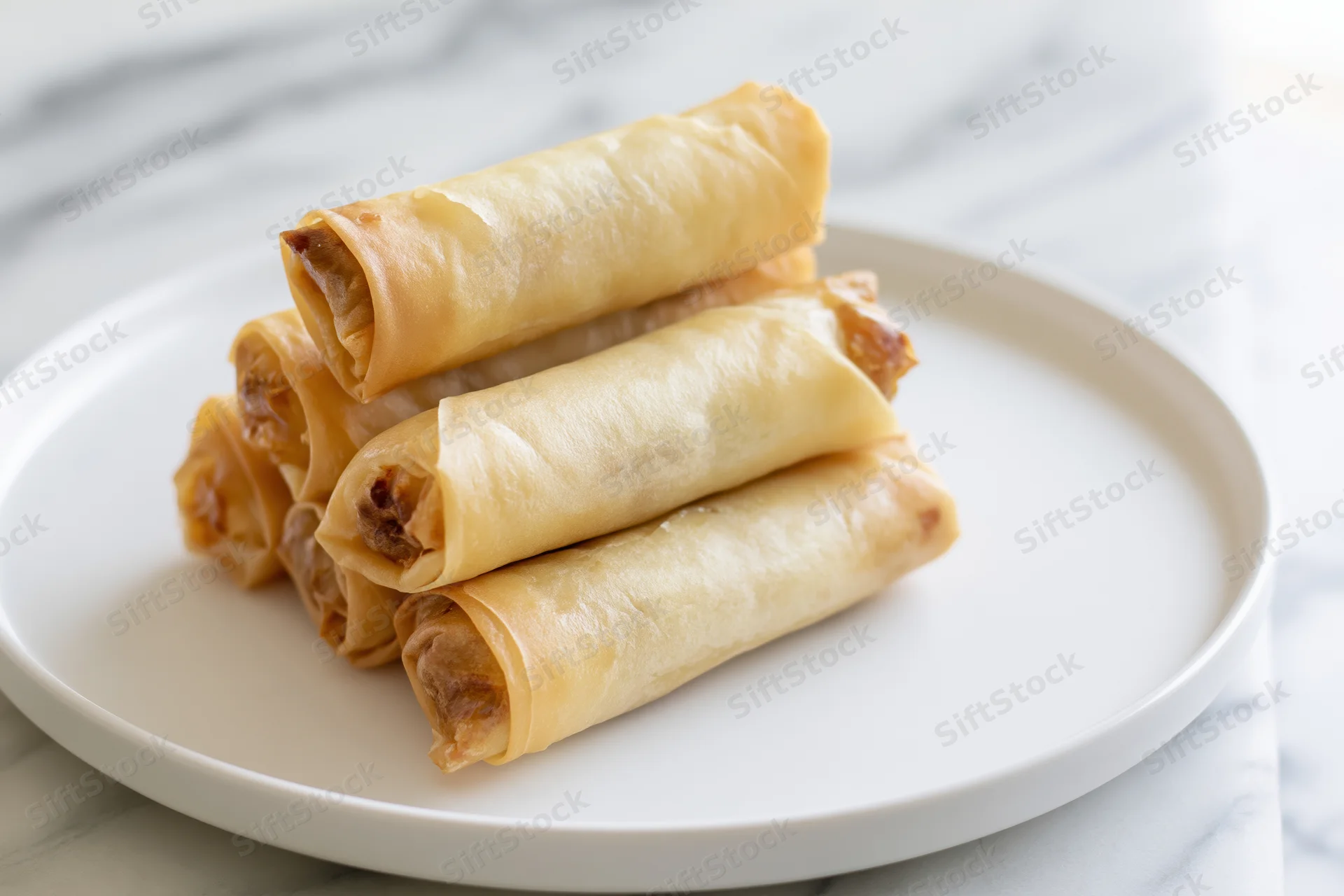 Five lightly fried spring rolls stacked on a white plate on a marble surface