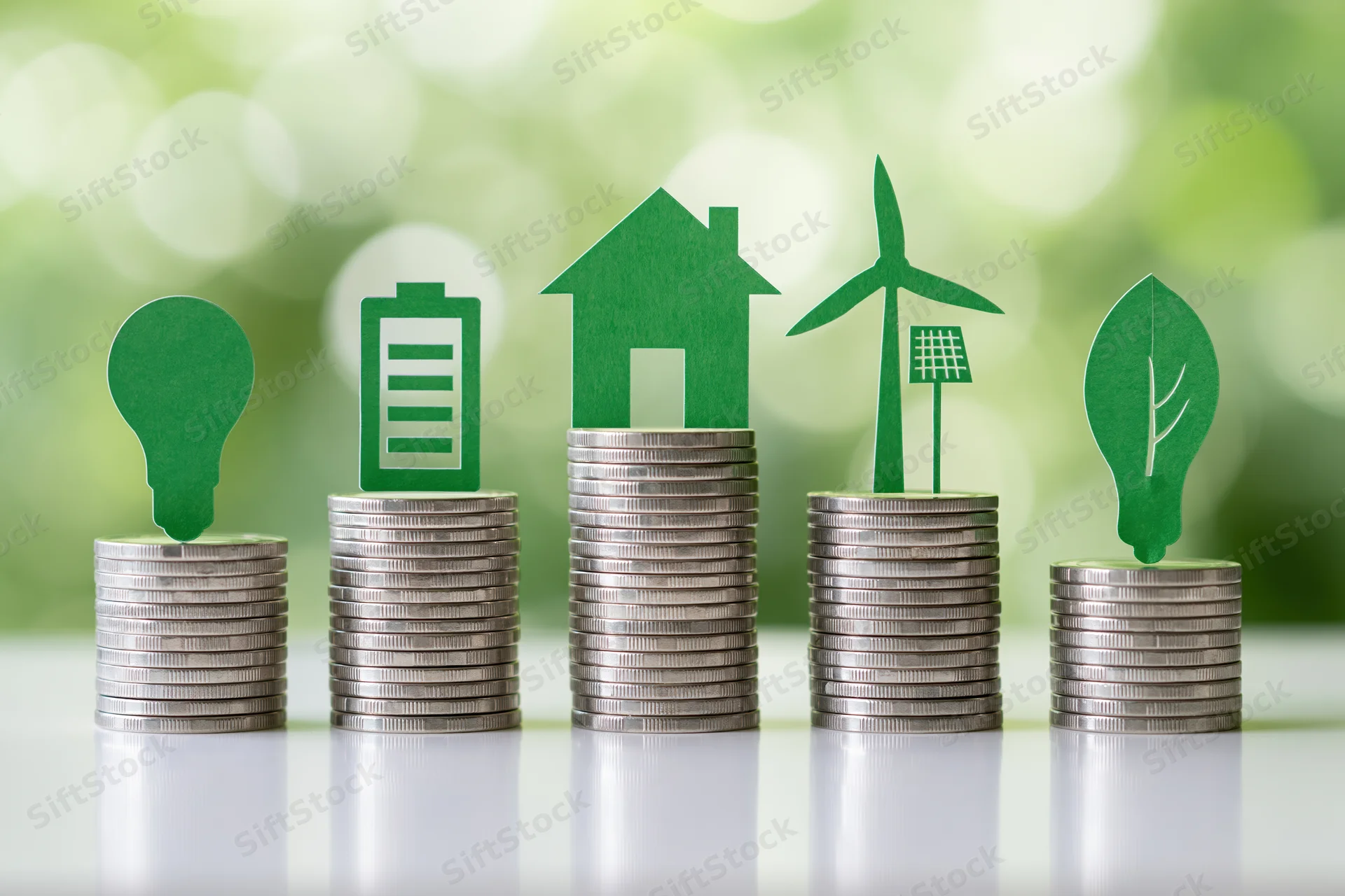 Five stacks of silver coins with green paper cutouts of energy symbols arranged in ascending height on a reflective surface with blurred green background