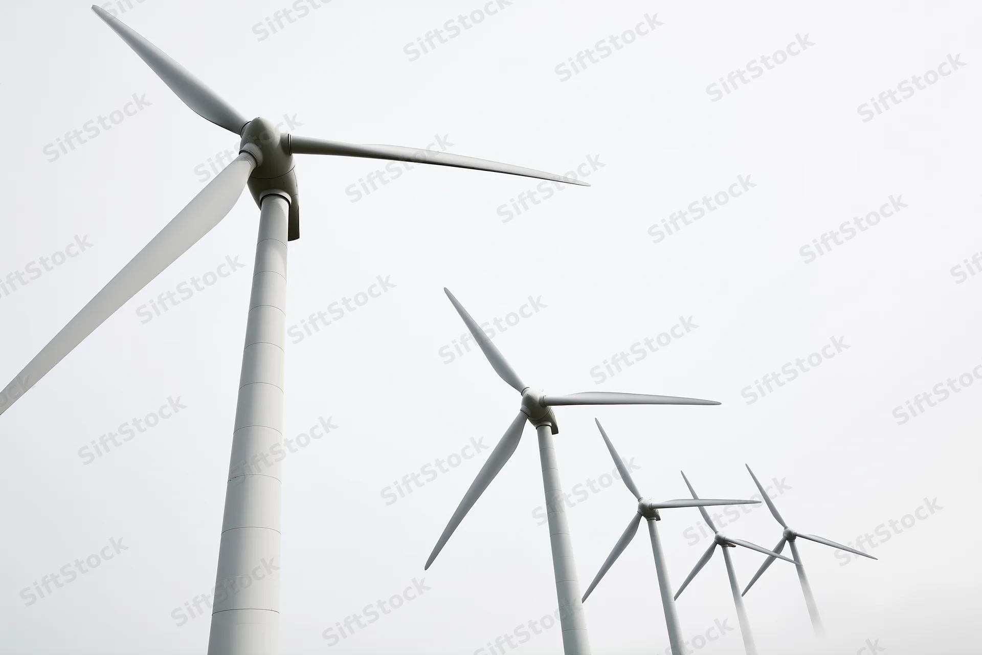 Wind turbines aligned in diagonal perspective receding into overcast sky