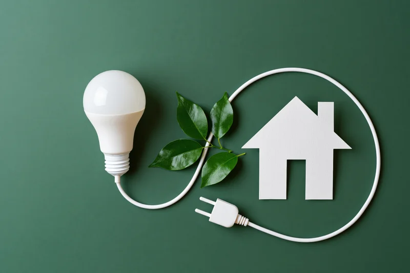 Lightbulb connected to paper house via cable with green leaves on dark green background