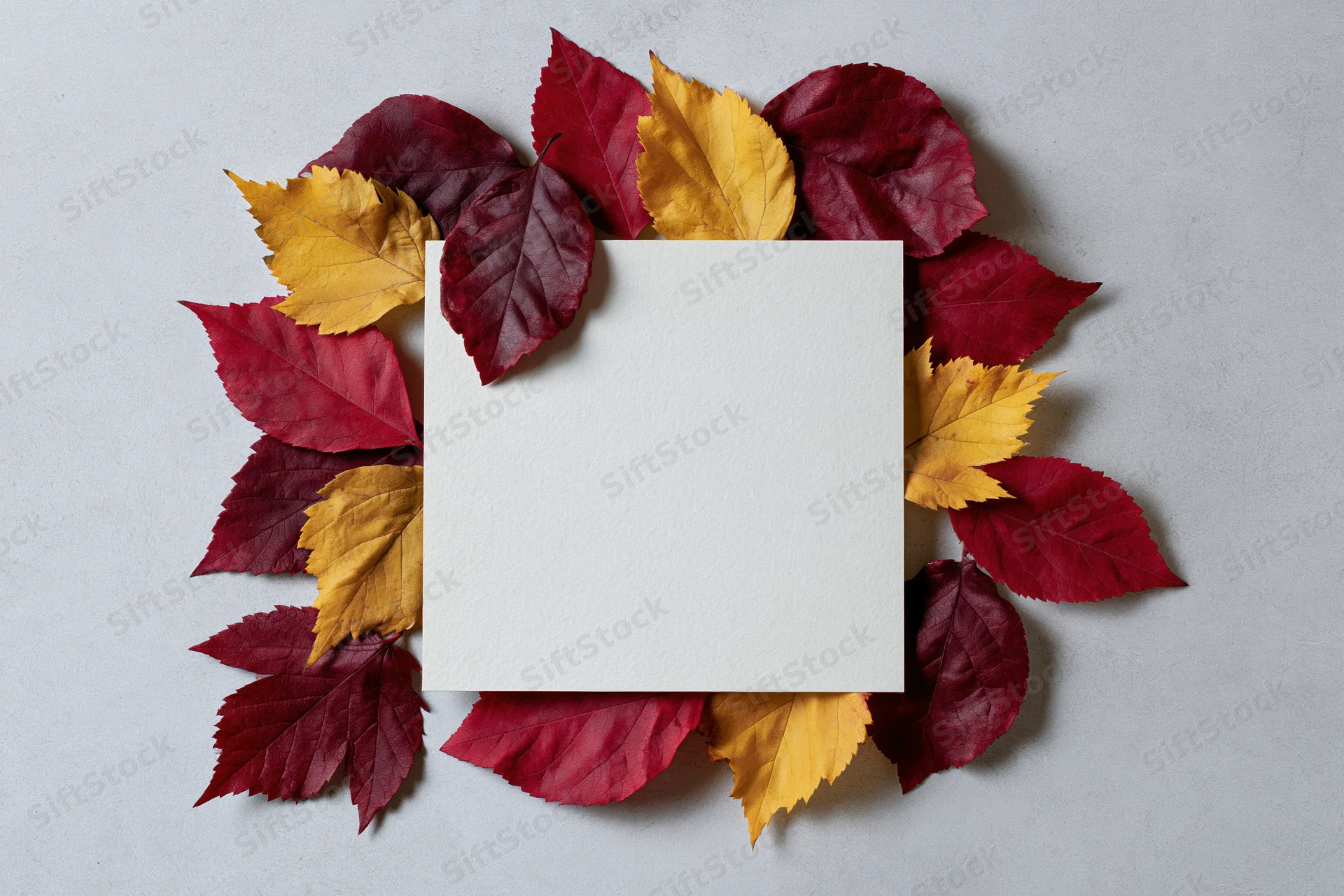 Blank white square card centered on a flat lay with autumn leaves arranged around it on a light surface